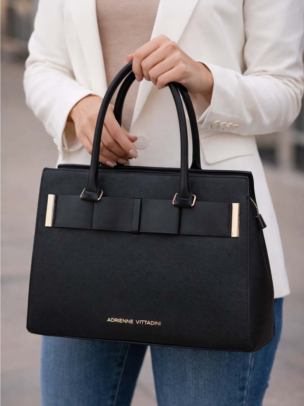Adrienne Vittadini Large Black Bow-Accent Satchel with Gold Hardware NWT
